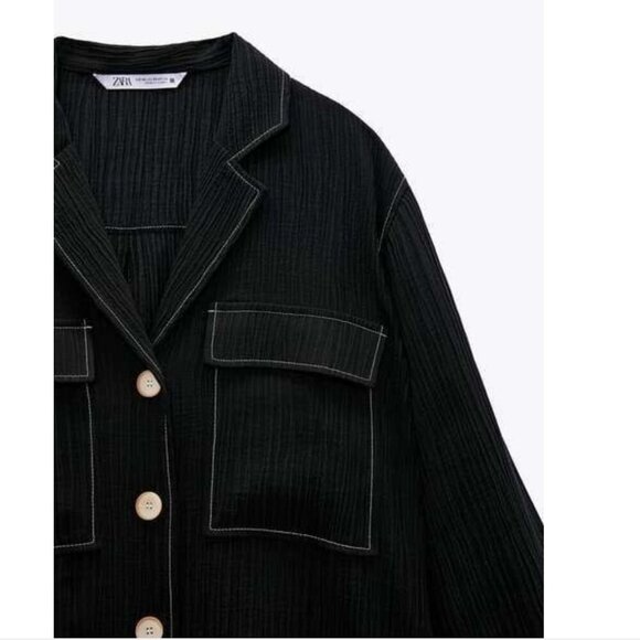 ZARA Pleated Lapel Collar Black Shirt Size XS NWOT - Picture 4 of 9